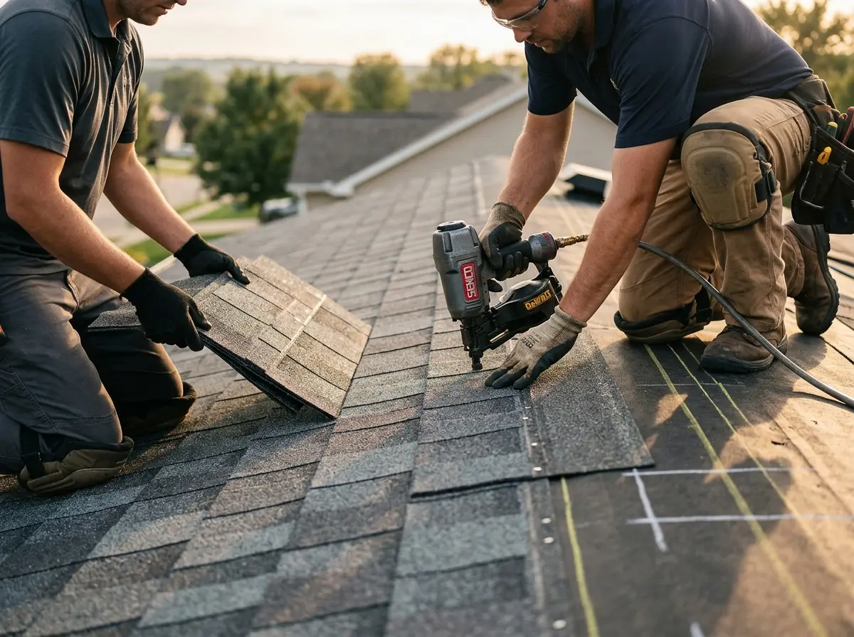 Professional roofer working on a residential roof in Lake Geneva